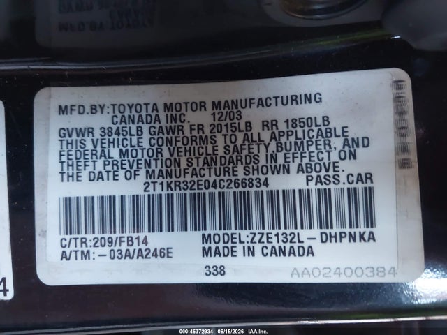 2004 Toyota Matrix Xr მანქანა იყიდება აუქციონზე, vin: 2T1KR32E04C266834, აუქციონის ნომერი: 45372934