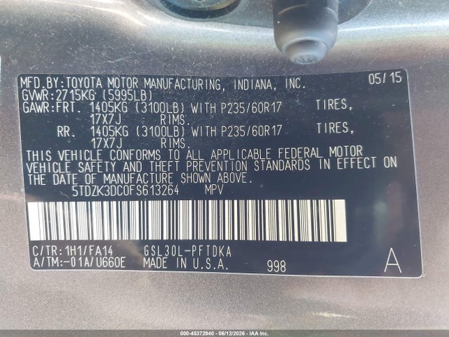 5TDZK3DC0FS613264 Toyota Sienna L 7 Passenger