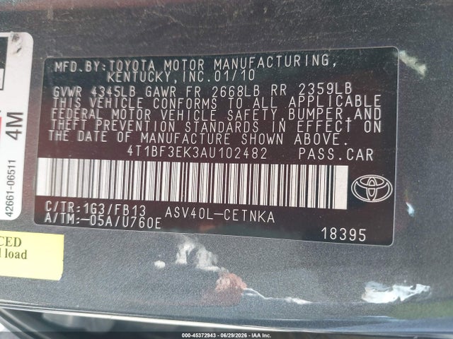 45372943 :رقم المزاد ، 4T1BF3EK3AU102482 vin ، 2010 Toyota Camry Le مزاد بيع