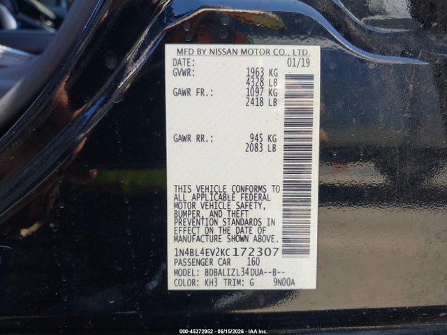 Aukcja sprzedaży 2019 Nissan Altima 2.5 Sl, vin: 1N4BL4EV2KC172307, numer aukcji: 45372952