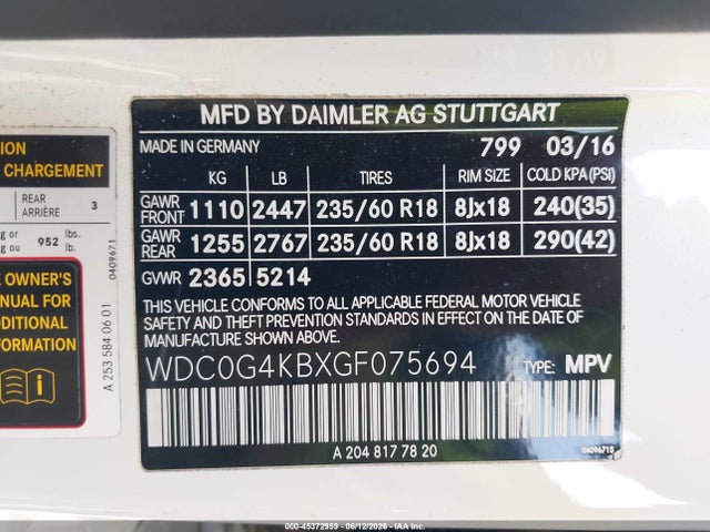 Aukcja sprzedaży 2016 Mercedes-benz Glc 300 4matic, vin: WDC0G4KBXGF075694, numer aukcji: 45372959