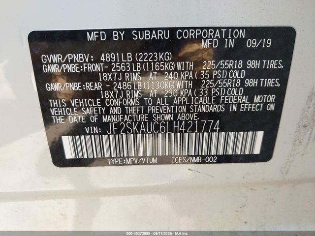 2020 Subaru Forester Limited მანქანა იყიდება აუქციონზე, vin: JF2SKAUC6LH421774, აუქციონის ნომერი: 45372995