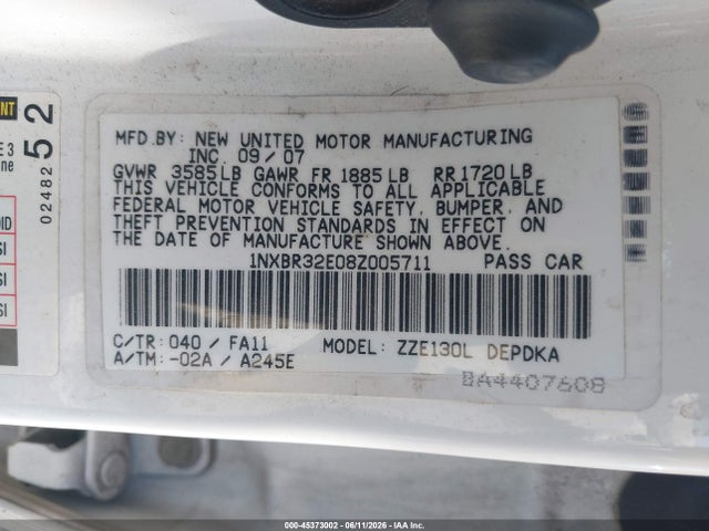 2008 Toyota Corolla Ce მანქანა იყიდება აუქციონზე, vin: 1NXBR32E08Z005711, აუქციონის ნომერი: 45373002