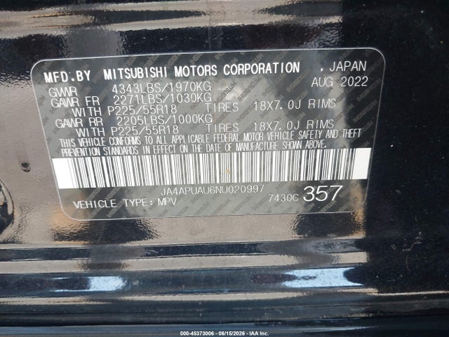 2022 Mitsubishi Outlander Sport 2.0 Be 2wd/2.0 Es 2wd/2.0 Le 2wd/2.0 S 2wd მანქანა იყიდება აუქციონზე, vin: JA4APUAU6NU020997, აუქციონის ნომერი: 45373006