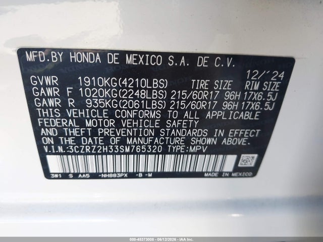 Продаж на аукціоні авто 2025 Honda Hr-v Awd Lx, vin: 3CZRZ2H33SM765320, номер лоту: 45373008