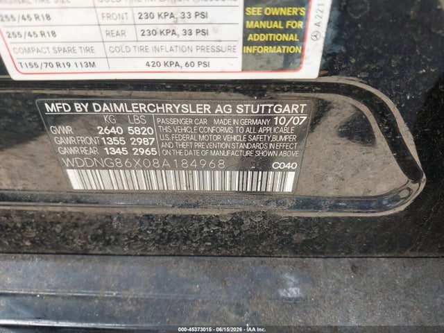 45373015 :رقم المزاد ، WDDNG86X08A184968 vin ، 2008 Mercedes-benz S 550 4matic مزاد بيع