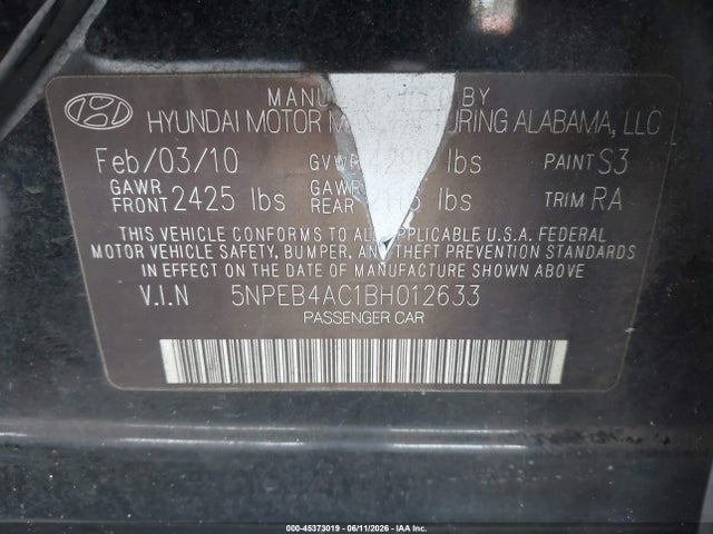Aukcja sprzedaży 2011 Hyundai Sonata Gls, vin: 5NPEB4AC1BH012633, numer aukcji: 45373019