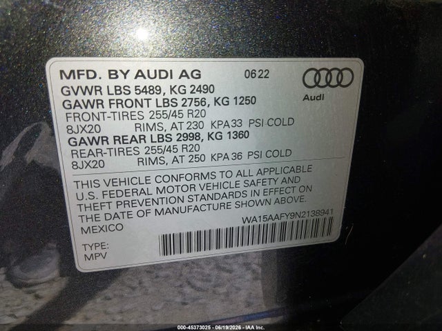 Aukcja sprzedaży 2022 Audi Q5 Sportback Premium Plus 45 Tfsi S Line Quattro S Tronic, vin: WA15AAFY9N2138941, numer aukcji: 45373025