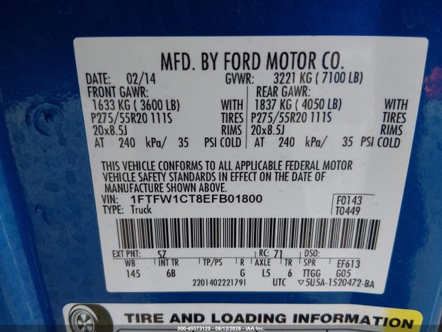 Aukcja sprzedaży 2014 Ford F-150 Fx2, vin: 1FTFW1CT8EFB01800, numer aukcji: 45373125