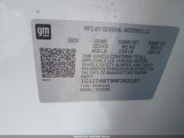 Продажа на аукционе авто 2024 Chevrolet Malibu Fwd 1lt, vin: 1G1ZD5ST9RF203133, номер лота: 45373128