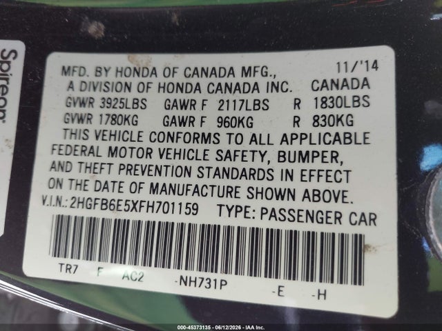 45373135 :رقم المزاد ، 2HGFB6E5XFH701159 vin ، 2015 Honda Civic Si مزاد بيع