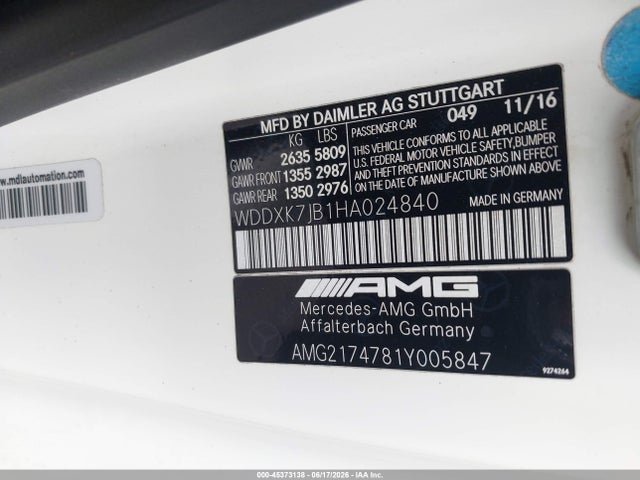 2017 Mercedes-benz Amg S 63 4matic მანქანა იყიდება აუქციონზე, vin: WDDXK7JB1HA024840, აუქციონის ნომერი: 45373138