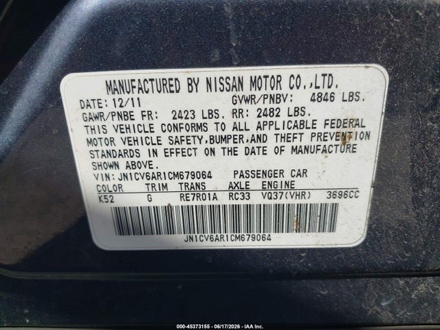 Продажа на аукционе авто 2012 Infiniti G37x, vin: JN1CV6AR1CM679064, номер лота: 45373155