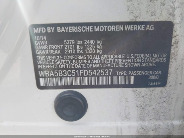 2015 Bmw 535i Xdrive მანქანა იყიდება აუქციონზე, vin: WBA5B3C51FD542537, აუქციონის ნომერი: 45373157
