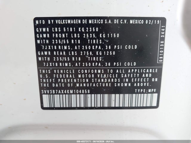 45373171 :رقم المزاد ، 3VV3B7AX4KM104858 vin ، 2019 Volkswagen Tiguan 2.0t Se/2.0t Sel/2.0t Sel R-line/2.0t Sel R-line Black مزاد بيع