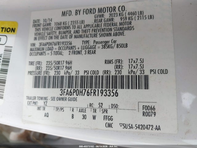 45373182 :رقم المزاد ، 3FA6P0H76FR193356 vin ، 2015 Ford Fusion Se مزاد بيع