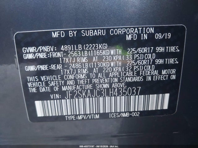 Aukcja sprzedaży 2020 Subaru Forester Premium, vin: JF2SKAJC3LH435037, numer aukcji: 45373197