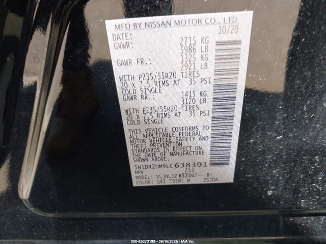 45373199 :رقم المزاد ، 5N1DR2DM9LC638391 vin ، 2020 Nissan Pathfinder Platinum 4wd مزاد بيع