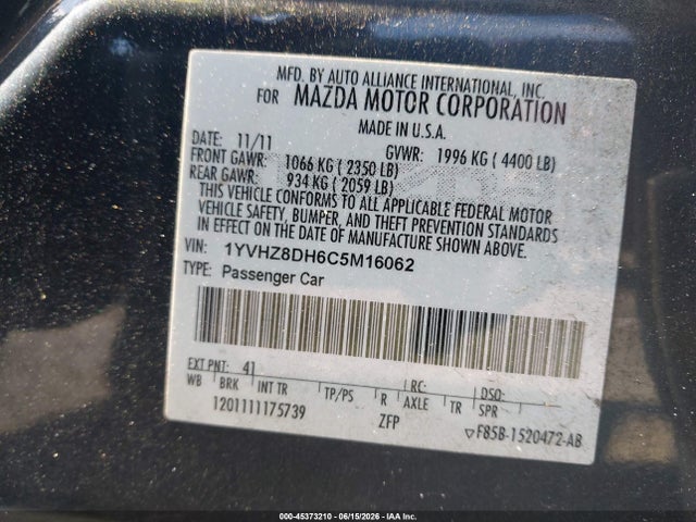 45373210 :رقم المزاد ، 1YVHZ8DH6C5M16062 vin ، 2012 Mazda Mazda6 I Touring مزاد بيع