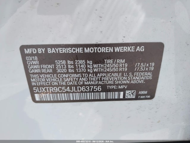 Aukcja sprzedaży 2018 Bmw X3 Xdrive30i, vin: 5UXTR9C54JLD63756, numer aukcji: 45373215