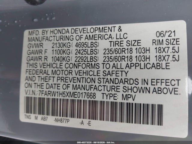 Продажа на аукционе авто 2021 Honda Cr-v 2wd Ex, vin: 7FARW1H5XME017668, номер лота: 45373225