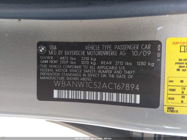 Aukcja sprzedaży 2010 Bmw 535i, vin: WBANW1C52AC167894, numer aukcji: 45373235