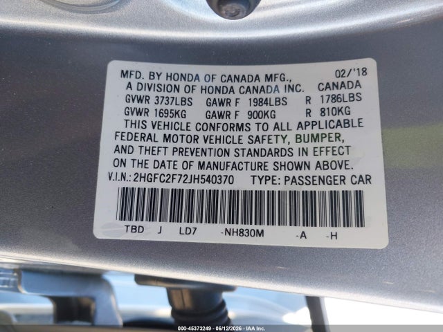Honda CIVIC EX 2018 2HGFC2F72JH540370 Image 9