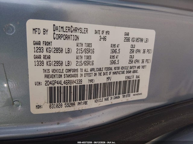 Aukcja sprzedaży 2006 Dodge Grand Caravan Sxt, vin: 2D4GP44L46R804339, numer aukcji: 45373259