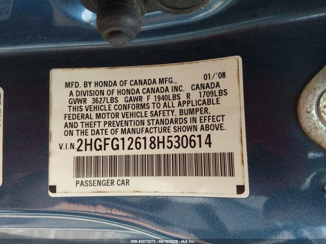 45373272 :رقم المزاد ، 2HGFG12618H530614 vin ، 2008 Honda Civic Lx مزاد بيع