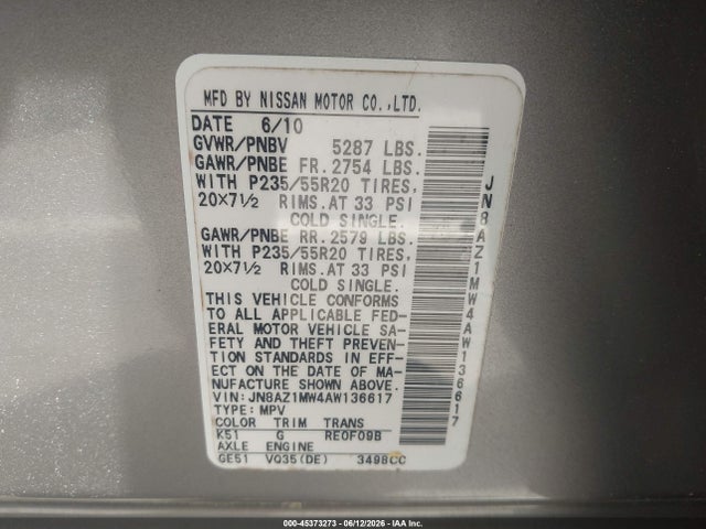 Aukcja sprzedaży 2010 Nissan Murano Le, vin: JN8AZ1MW4AW136617, numer aukcji: 45373273
