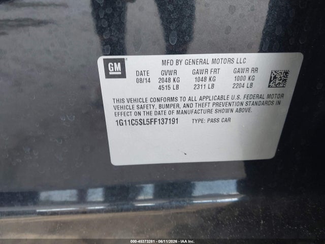 2015 Chevrolet Malibu 1lt მანქანა იყიდება აუქციონზე, vin: 1G11C5SL5FF137191, აუქციონის ნომერი: 45373281