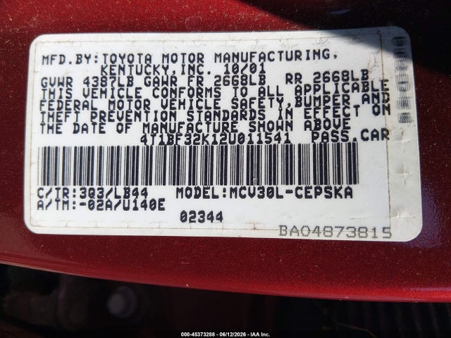 45373288 :رقم المزاد ، 4T1BF32K12U011541 vin ، 2002 Toyota Camry Se مزاد بيع