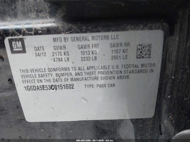 Aukcja sprzedaży 2012 Cadillac Cts Standard, vin: 1G6DA5E53C0151602, numer aukcji: 45373290