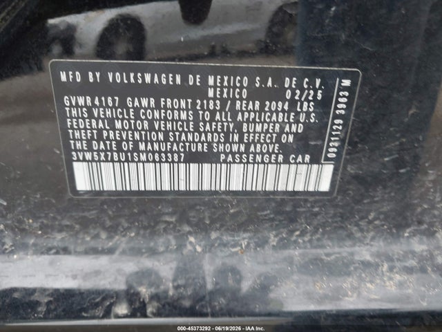 2025 Volkswagen Jetta 1.5t S მანქანა იყიდება აუქციონზე, vin: 3VW5X7BU1SM063387, აუქციონის ნომერი: 45373292