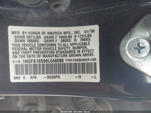Aukcja sprzedaży 2006 Honda Civic Lx, vin: 1HGFA16596L048086, numer aukcji: 45373299