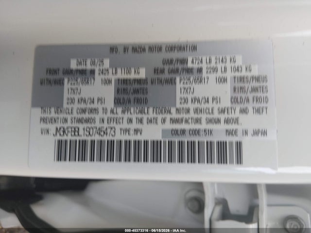 Aukcja sprzedaży 2025 Mazda Cx-5 2.5 S Select, vin: JM3KFBBL1S0745473, numer aukcji: 45373316