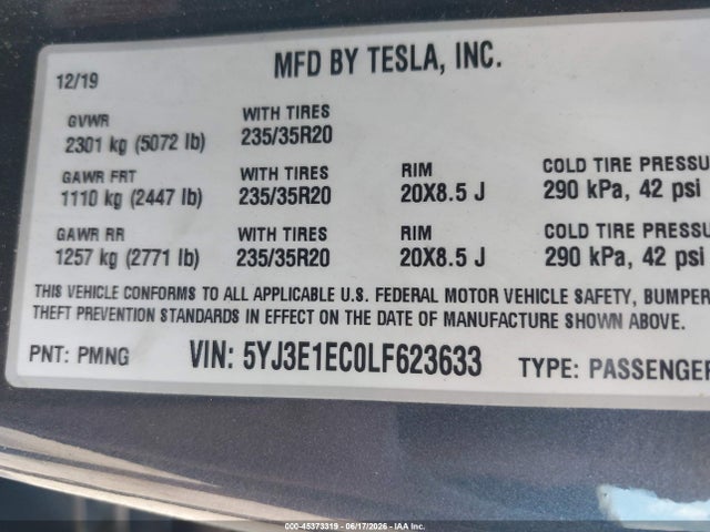 Aukcja sprzedaży 2020 Tesla Model 3 Performance Dual Motor All-wheel Drive, vin: 5YJ3E1EC0LF623633, numer aukcji: 45373319