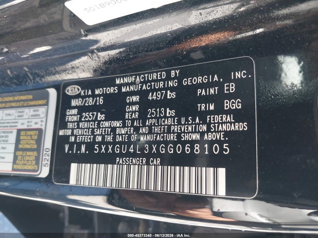 2016 Kia Optima Ex მანქანა იყიდება აუქციონზე, vin: 5XXGU4L3XGG068105, აუქციონის ნომერი: 45373340
