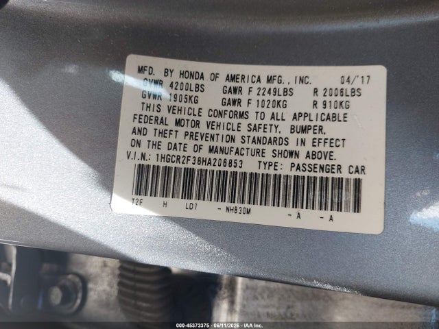 Honda ACCORD LX 2017 1HGCR2F38HA206853 Image 9