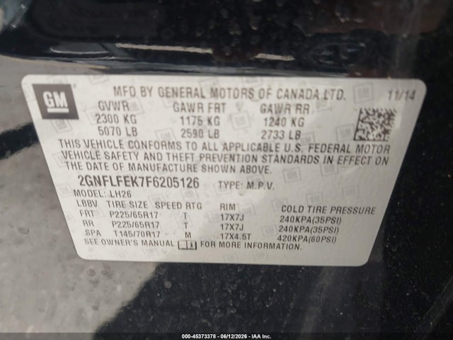 Chevrolet EQUINOX 1LT 2015 2GNFLFEK7F6205126 Image 9