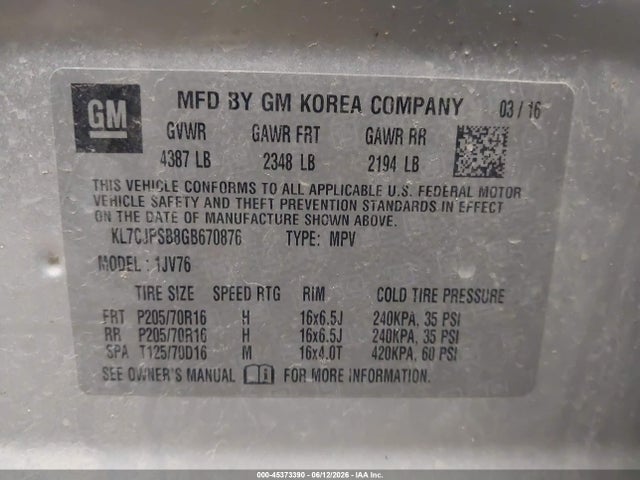 KL7CJPSB8GB670876 Chevrolet Trax Lt