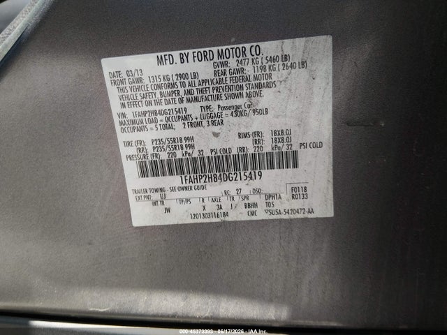 45373393 :رقم المزاد ، 1FAHP2H84DG215419 vin ، 2013 Ford Taurus Sel مزاد بيع