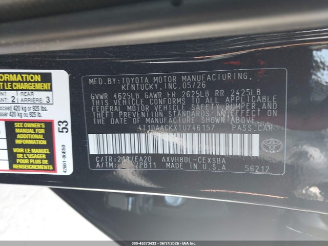 45373433 :رقم المزاد ، 4T1DAACKXTU746157 vin ، 2026 Toyota Camry Se مزاد بيع