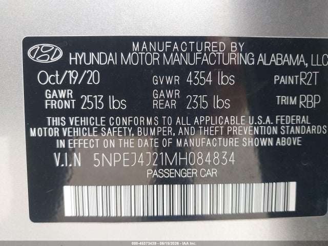 2021 Hyundai Sonata Sel Plus მანქანა იყიდება აუქციონზე, vin: 5NPEJ4J21MH084834, აუქციონის ნომერი: 45373439