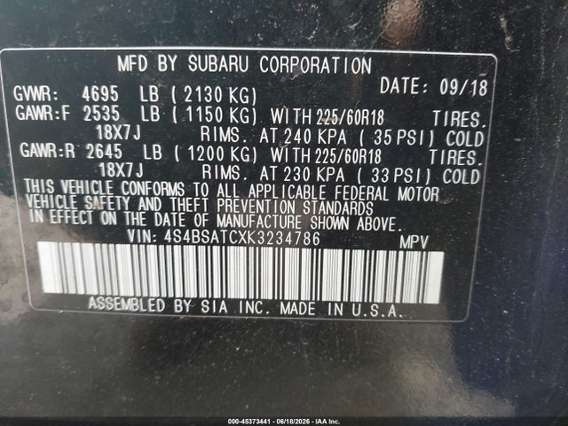 2019 Subaru Outback 2.5i Touring მანქანა იყიდება აუქციონზე, vin: 4S4BSATCXK3234786, აუქციონის ნომერი: 45373441