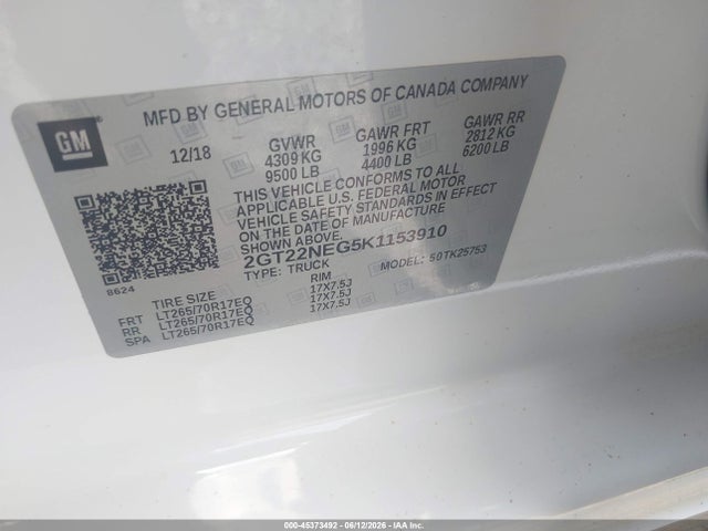 Aukcja sprzedaży 2019 Gmc Sierra 2500hd, vin: 2GT22NEG5K1153910, numer aukcji: 45373492