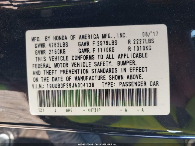 45373493 :رقم المزاد ، 19UUB3F39JA004138 vin ، 2018 Acura Tlx مزاد بيع
