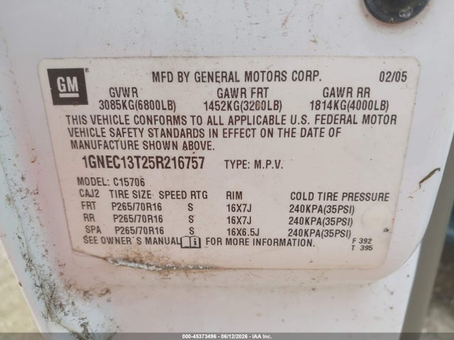 Aukcja sprzedaży 2005 Chevrolet Tahoe Ls, vin: 1GNEC13T25R216757, numer aukcji: 45373496