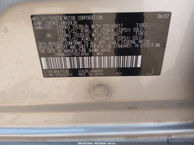 Auction sale of the 2007 Toyota Rav4 Base V6 (a5), vin: JTMZK33V775014954, lot number: 45373504