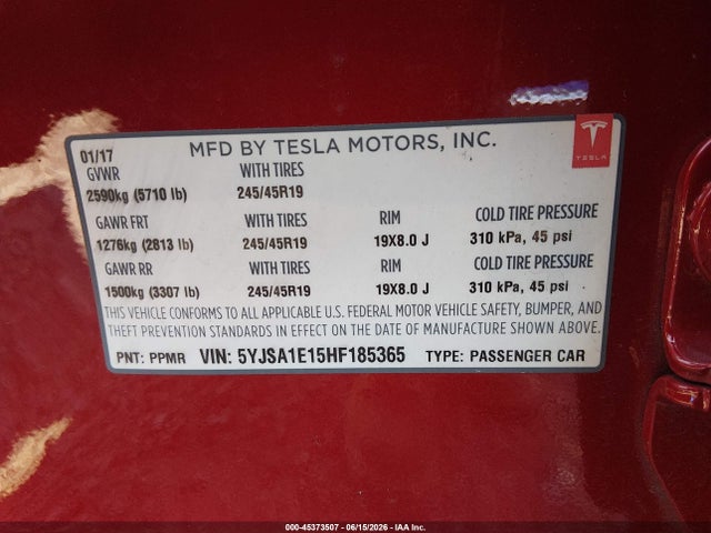 Tesla Model S 60/75 2017 5YJSA1E15HF185365 Image 9